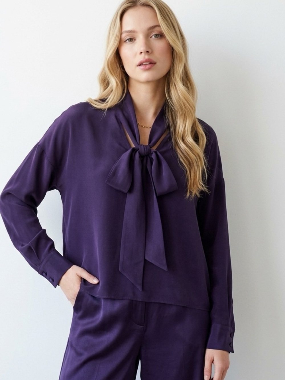 Babaton Aritzia 100% Silk Tie-Neck Boxy Relaxed Quiet Luxury Preppy Blouse